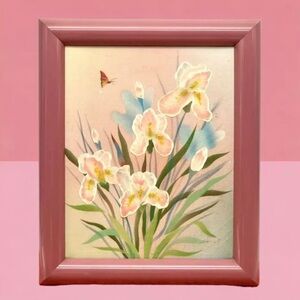 Retro Oil Painting Flowers Pastel Irises 1990s  Pink Laminate Frame Cottagecore